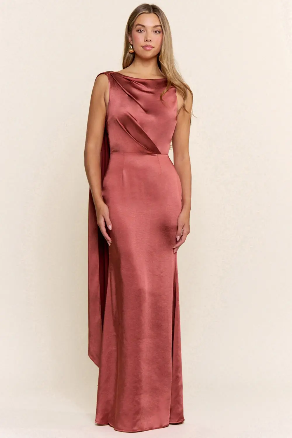Vestido Largo de Noche Satinado con Capa Posterior Lateral - Modelo EV1047 — vista 4