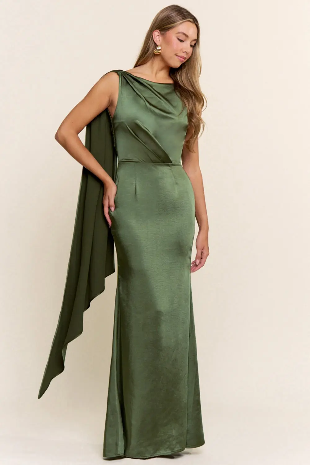 Vestido Largo de Noche Satinado con Capa Posterior Lateral - Modelo EV1047 — vista 5