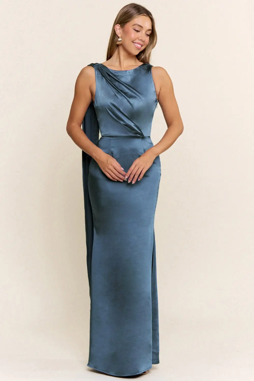 Vestido Largo de Noche Satinado con Capa Posterior Lateral - Modelo EV1047 — vista 3