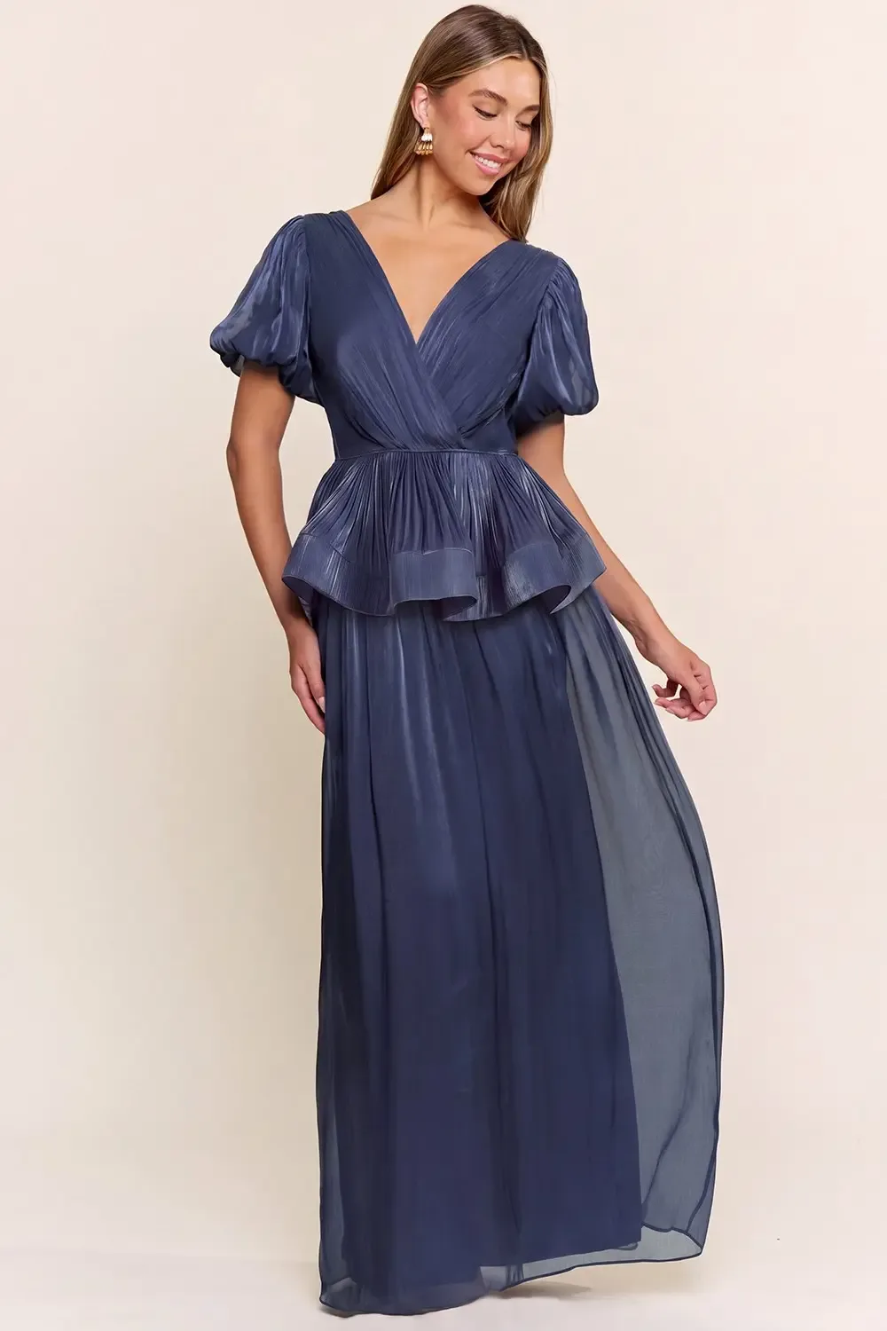 Vestido Largo De Gala Plisado Con Cintura Peplum Y Mangas Abullonadas EV1054 — vista 3