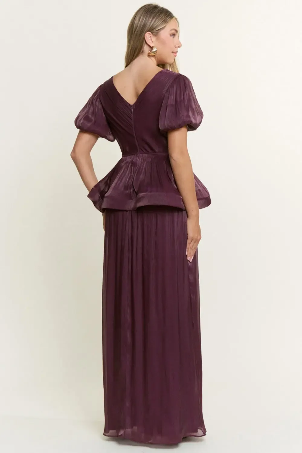 Vestido Largo De Gala Plisado Con Cintura Peplum Y Mangas Abullonadas EV1054 — vista 5