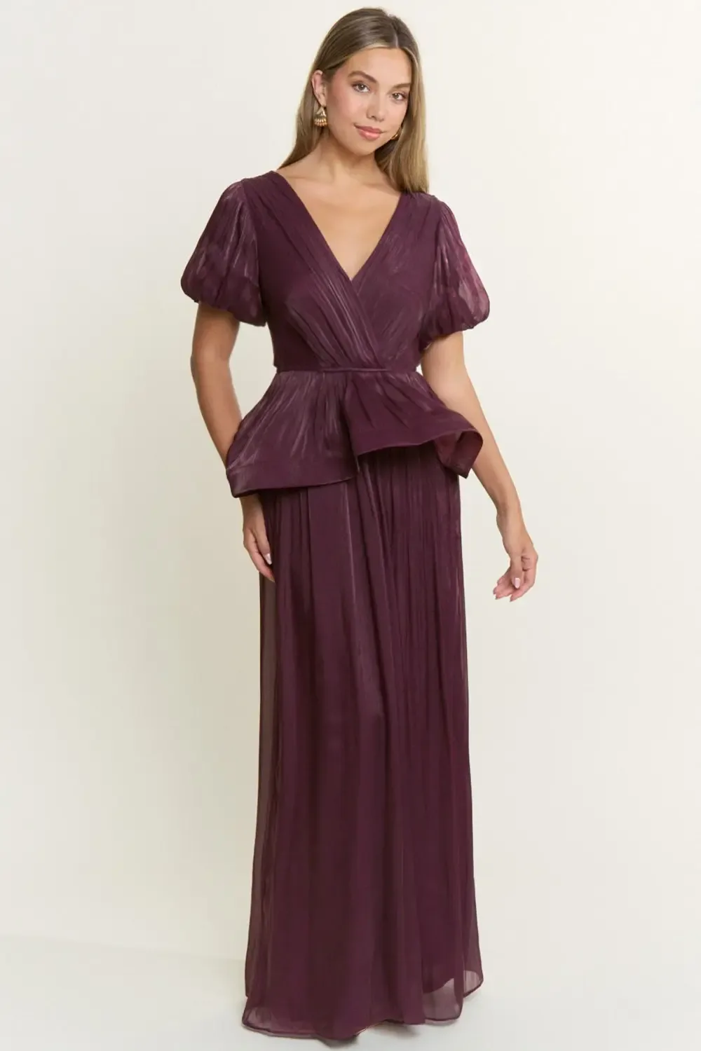 Vestido Largo De Gala Plisado Con Cintura Peplum Y Mangas Abullonadas EV1054 — vista 6