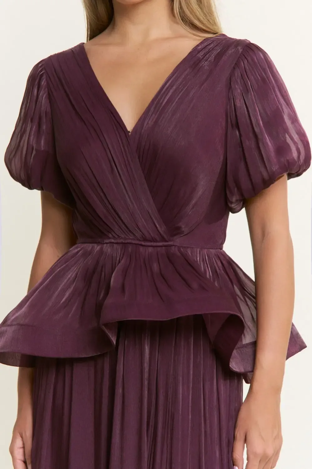 Vestido Largo De Gala Plisado Con Cintura Peplum Y Mangas Abullonadas EV1054 Plus