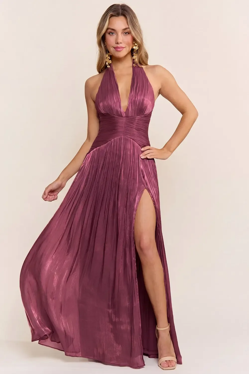 Vestido Largo De Noche Verde Olivo Plisado Con Escote Halter | Modelo EV1051 — vista 8