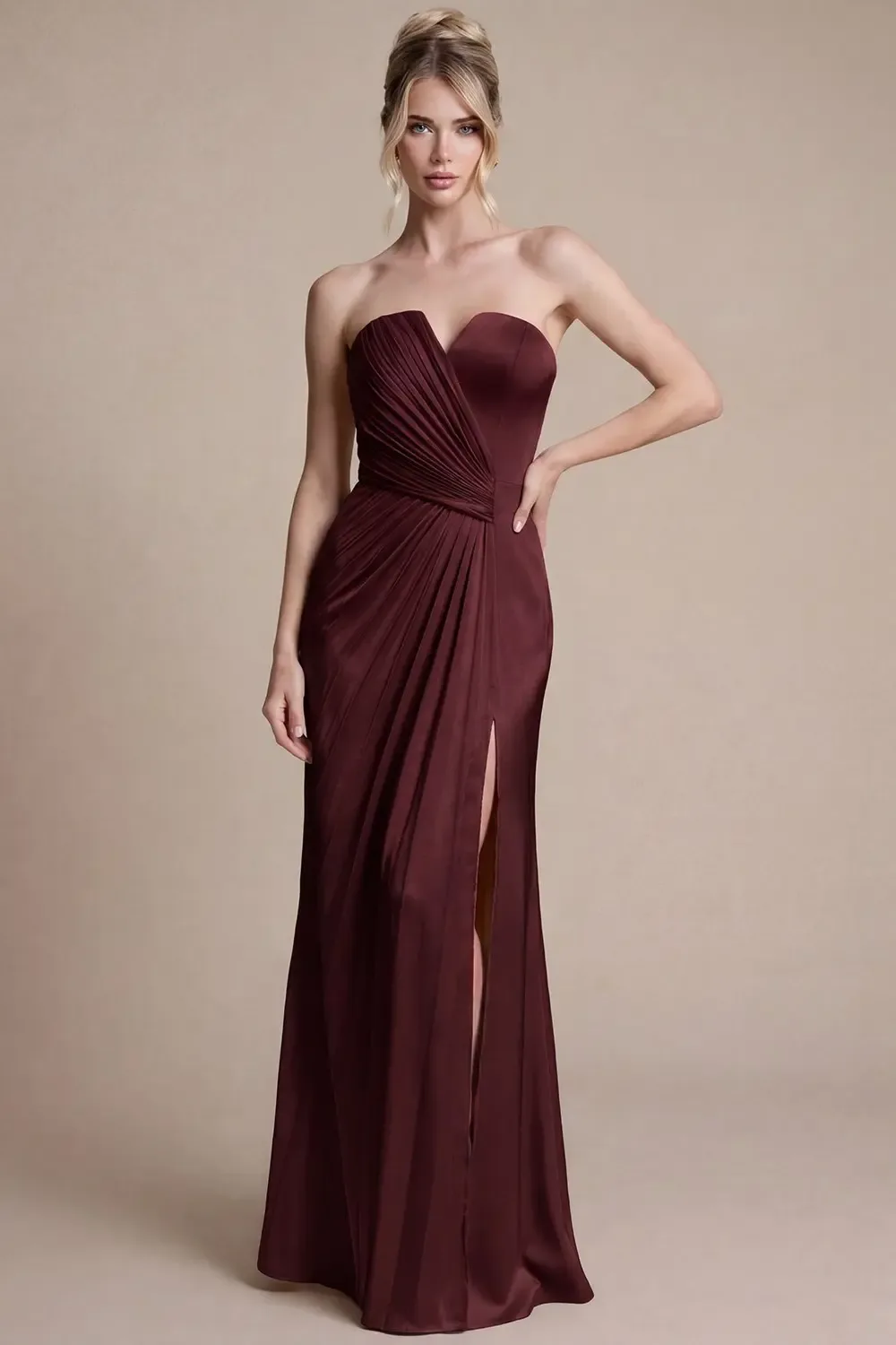 Vestido Largo De Noche Azul Marino Satinado Escote Corazón Strapless | Modelo EV995 — vista 3