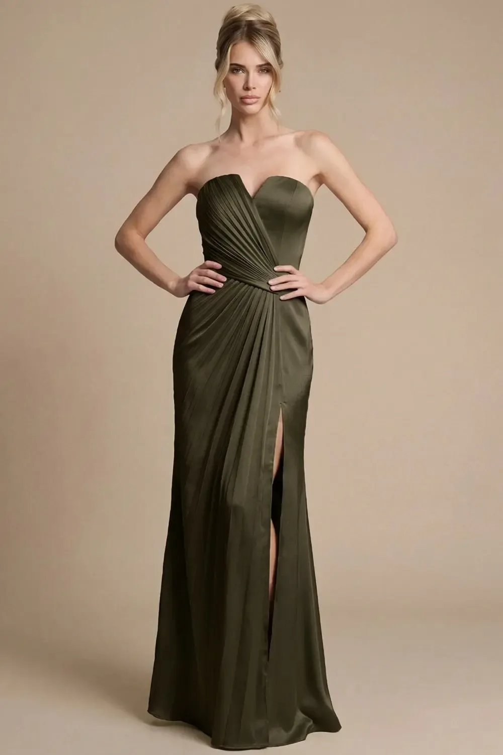 Vestido Largo De Noche Azul Marino Satinado Escote Corazón Strapless | Modelo EV995 — vista 5