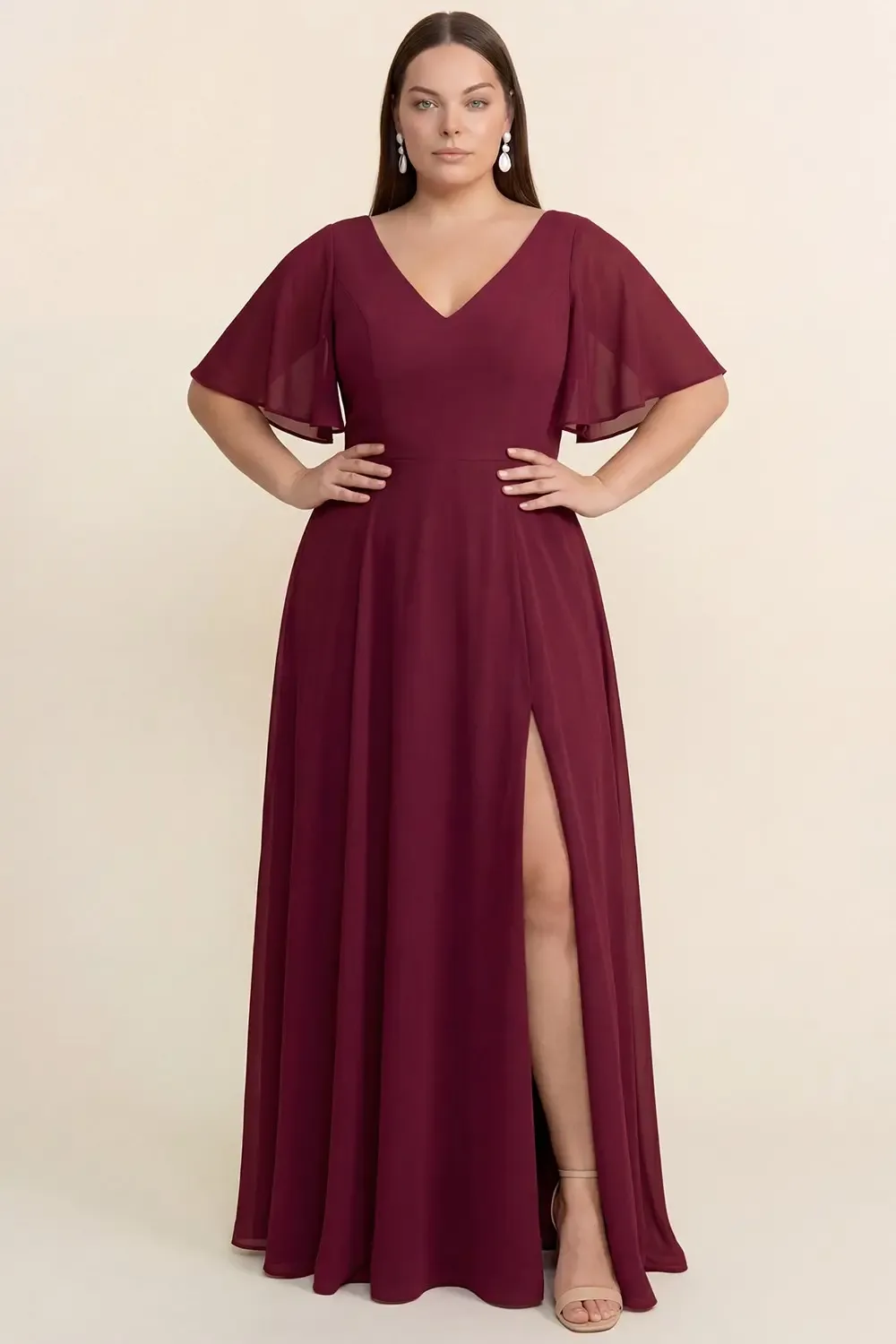 Vestido Largo De Chifón Con Mangas Mariposa | Modelo EV997