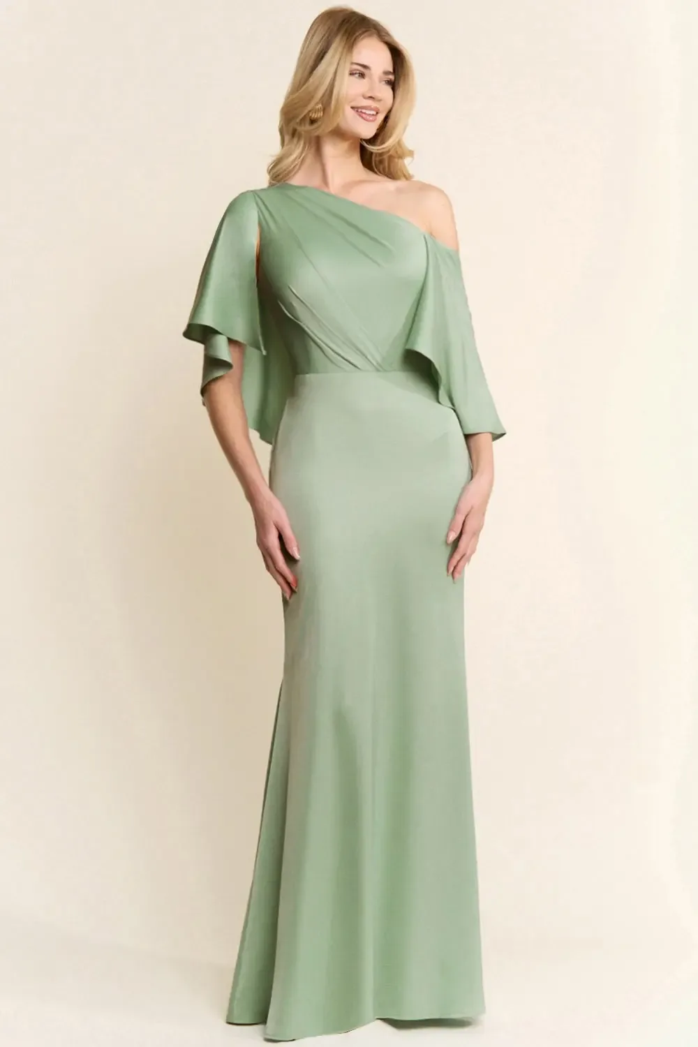 Vestido De Noche Largo Satinado Asimétrico Con Capa Corta EV991 — vista 3