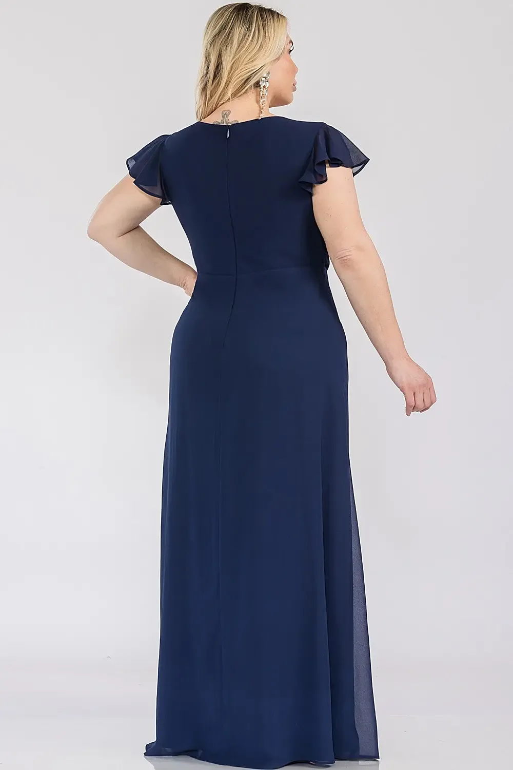 Vestido De Noche Largo De Gasa Con Escote Cruzado, Manga Flutter Y Abertura EV989