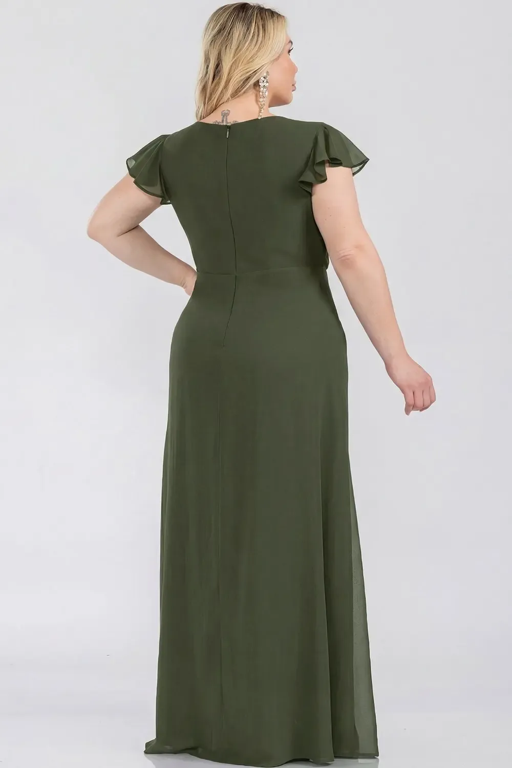 Vestido De Noche Largo De Gasa Con Escote Cruzado, Manga Flutter Y Abertura EV989 — vista 3