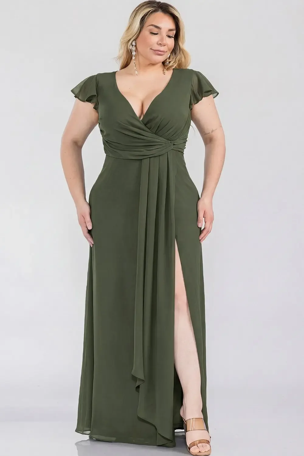 Vestido De Noche Largo De Gasa Con Escote Cruzado, Manga Flutter Y Abertura EV989 — vista 4