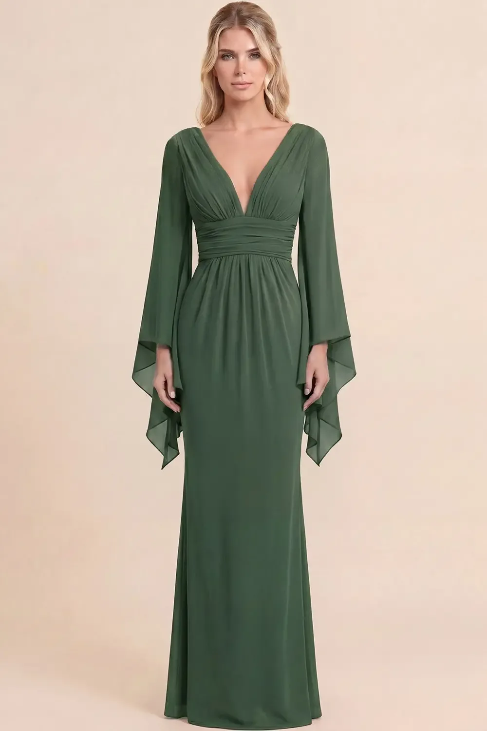 Vestido Largo De Noche Con Mangas Acampanadas Y Escote En V - Modelo EV1049