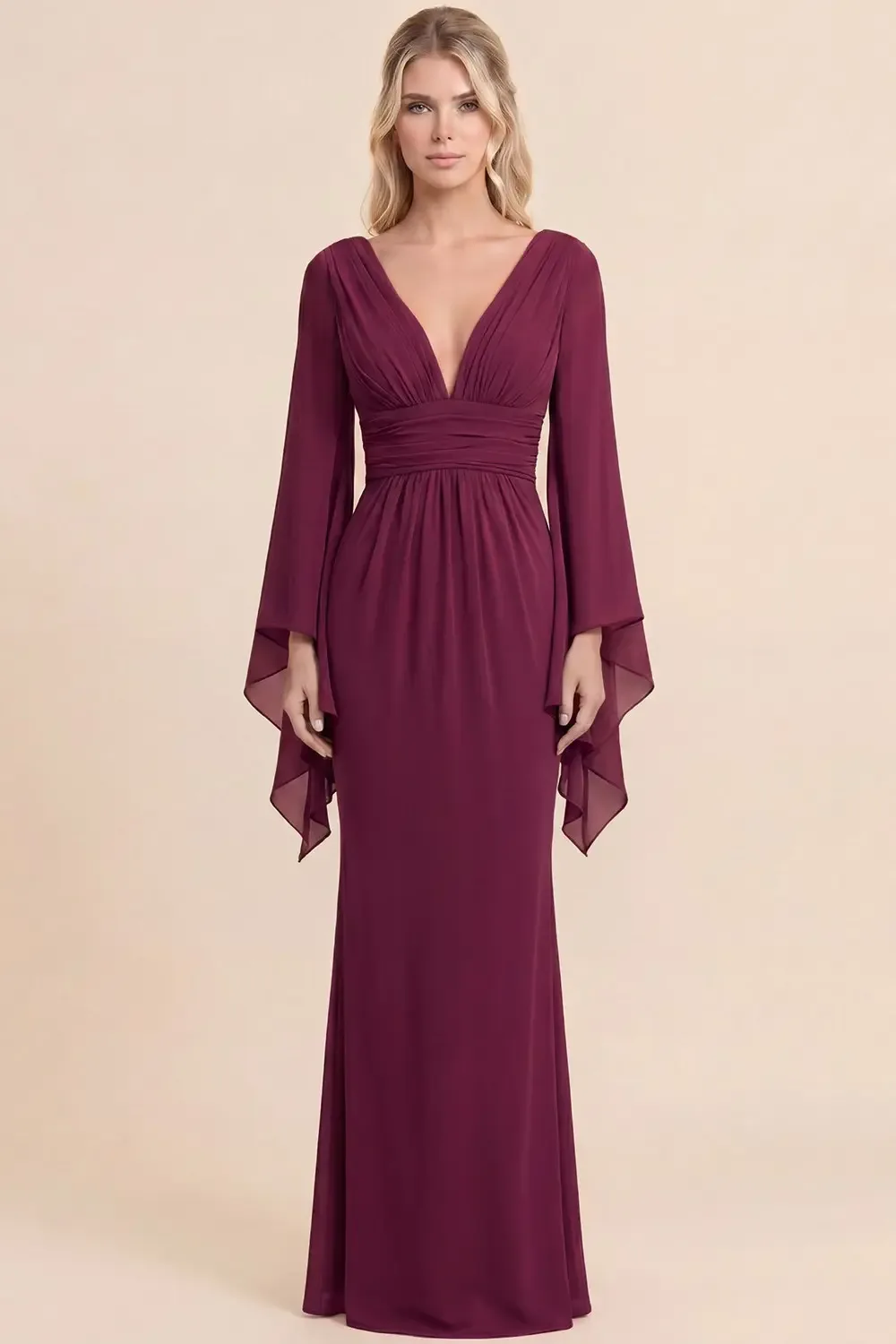 Vestido Largo De Noche Con Mangas Acampanadas Y Escote En V - Modelo EV1049 — vista 3