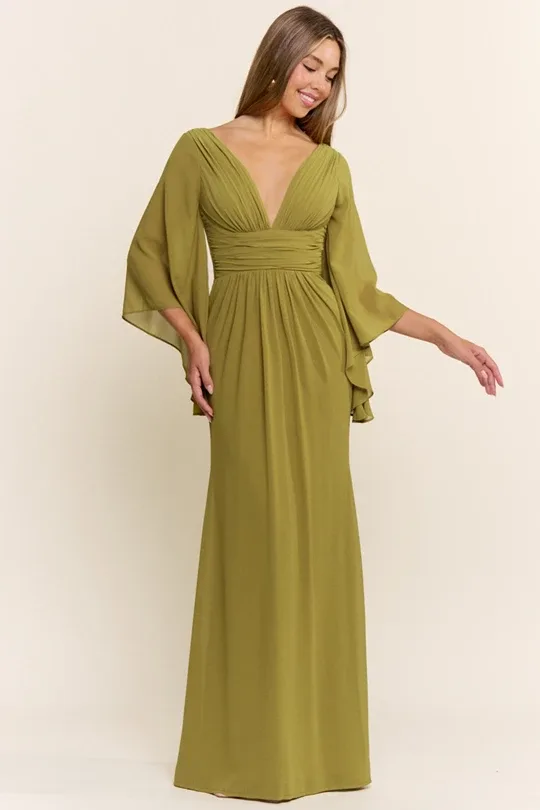 Vestido Largo De Noche Con Mangas Acampanadas Y Escote En V - Modelo EV1049 — vista 4