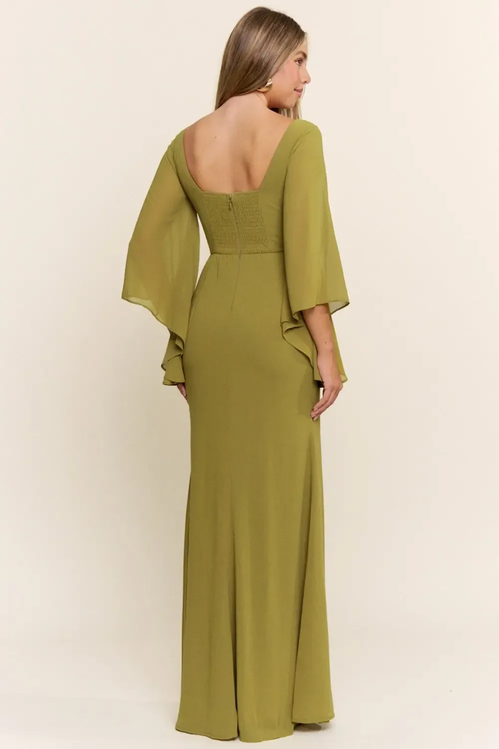 Vestido Largo De Noche Con Mangas Acampanadas Y Escote En V - Modelo EV1049 — vista 6