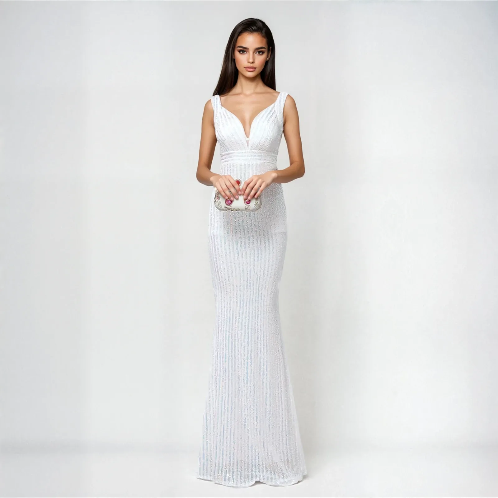 Vestido De Novia O Gala Sirena De Lentejuelas Blancas- Modelo EV435