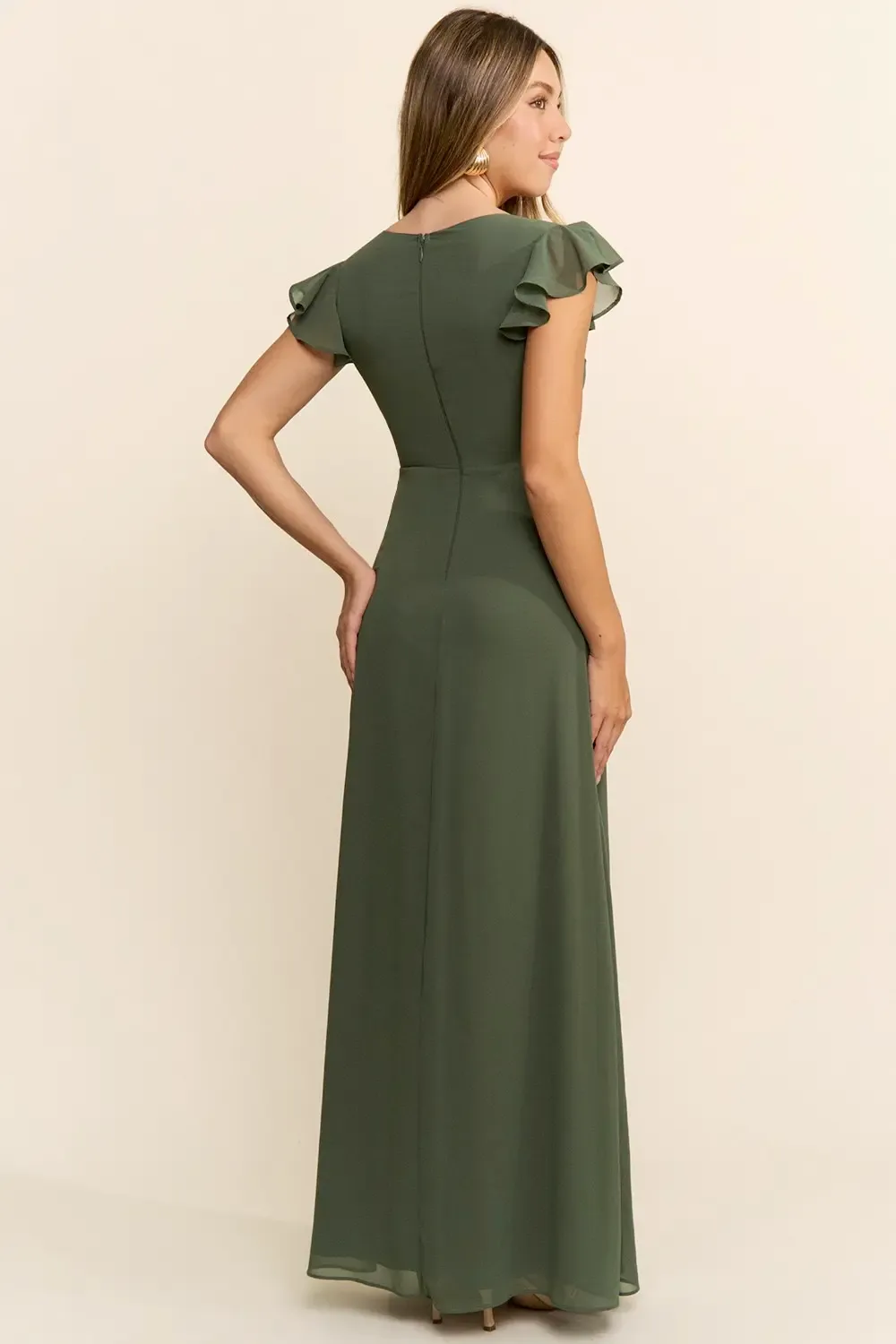 Vestido De Noche Largo De Gasa Con Escote Cruzado, Manga Flutter Y Abertura- EV989