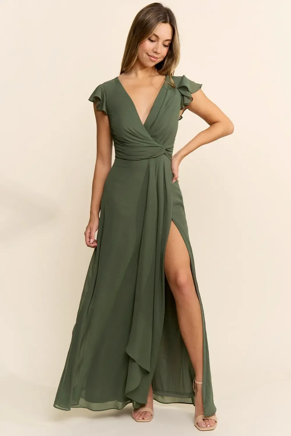 Vestido De Noche Largo De Gasa Con Escote Cruzado, Manga Flutter Y Abertura- EV989 — vista 3