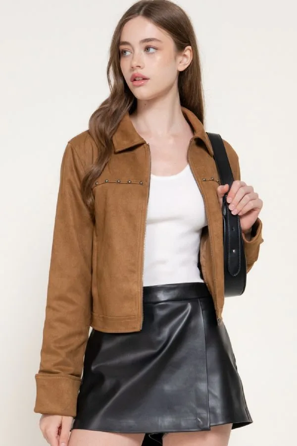 Chaqueta Larga De Ante Sintetico Con Tachuelas J15418