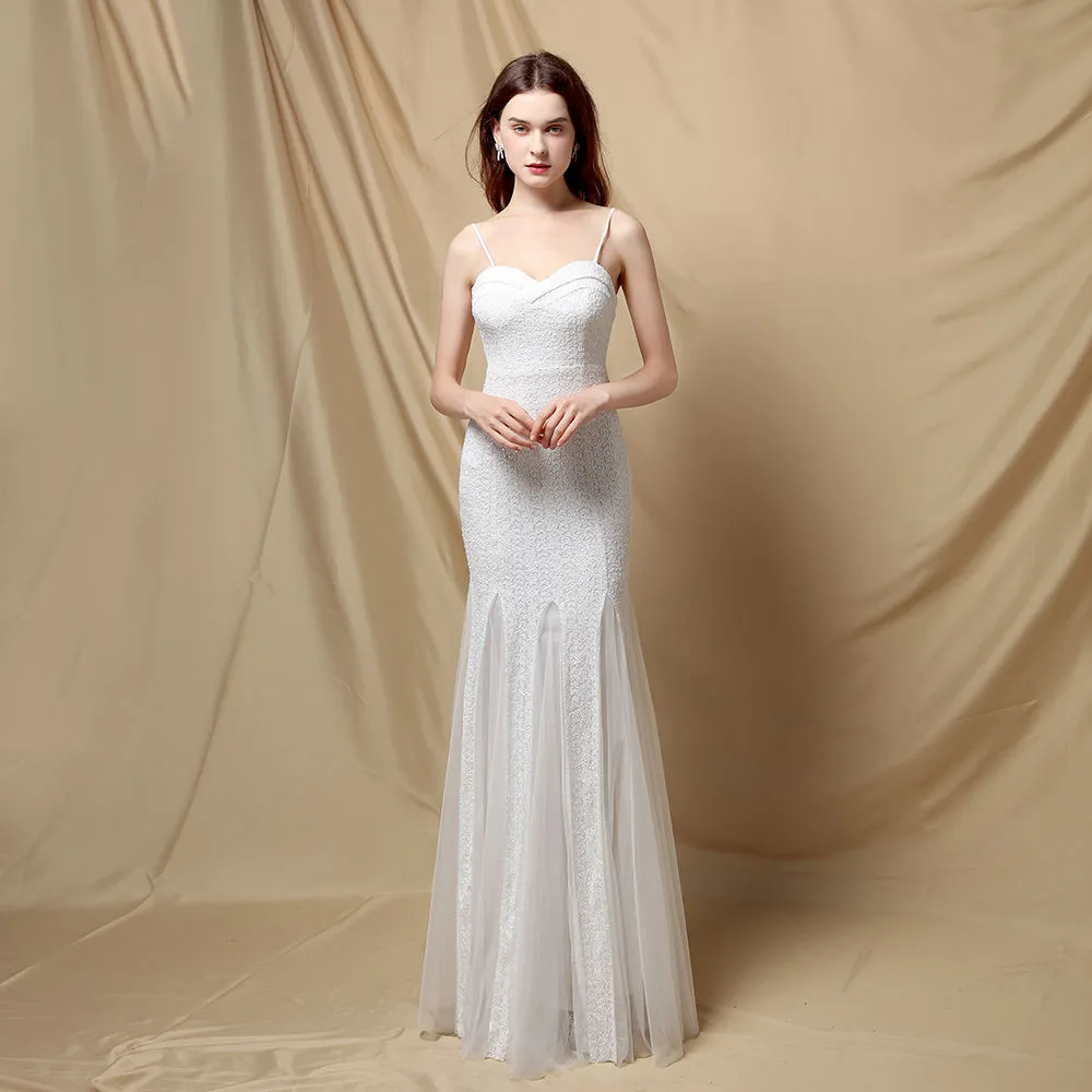 Vestido De Noche Blanco De Tirantes Con Escote Corazón Y Falda De Tul - EV436