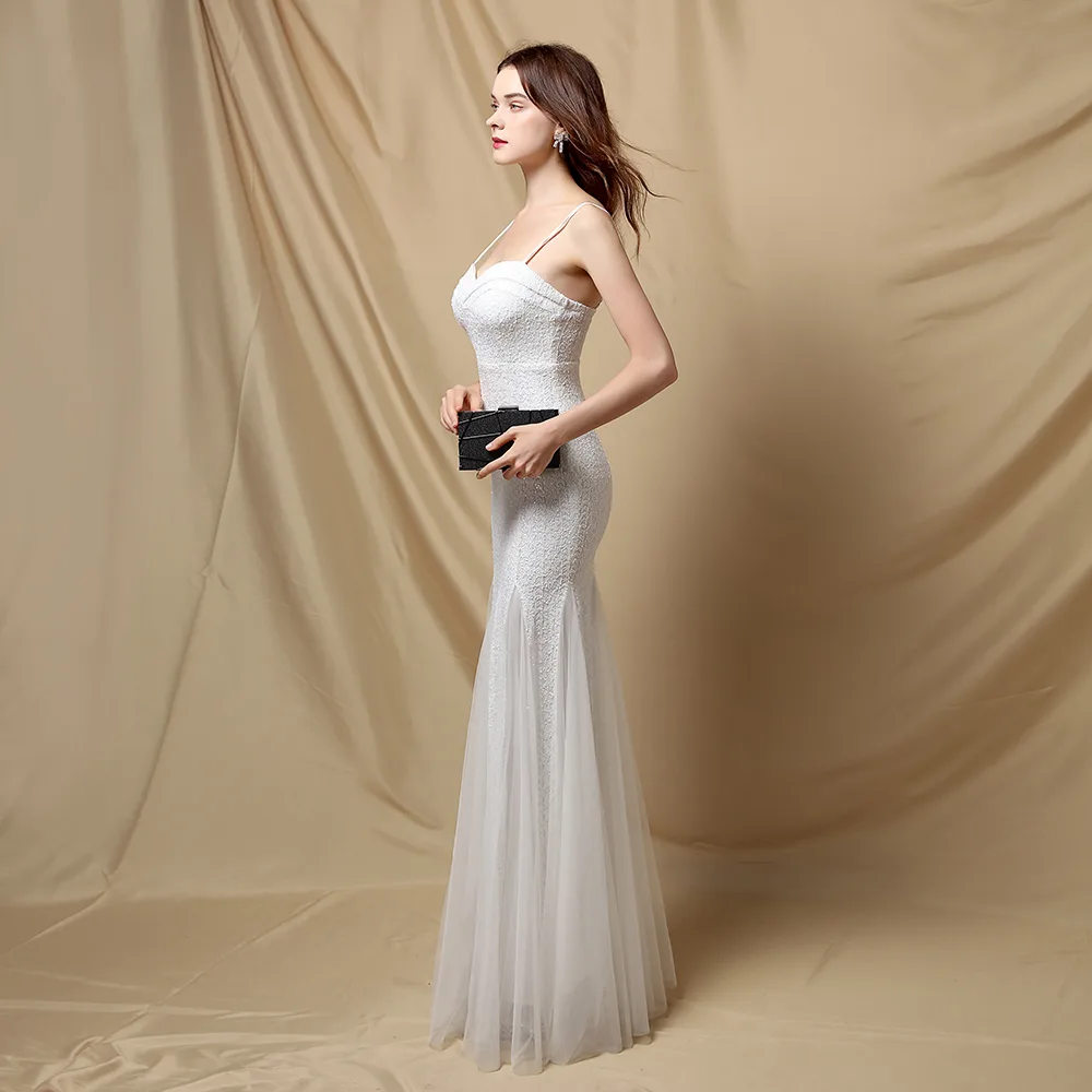 Vestido De Noche Blanco De Tirantes Con Escote Corazón Y Falda De Tul - EV436