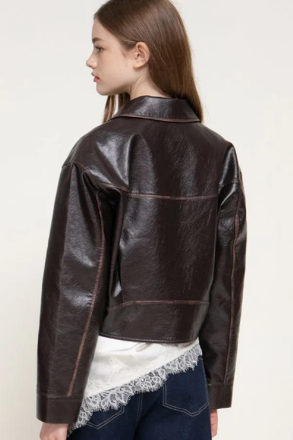 Cazadora Casual Marrón Efecto Cuero Desgastado Para Mujer – Modelo J15389