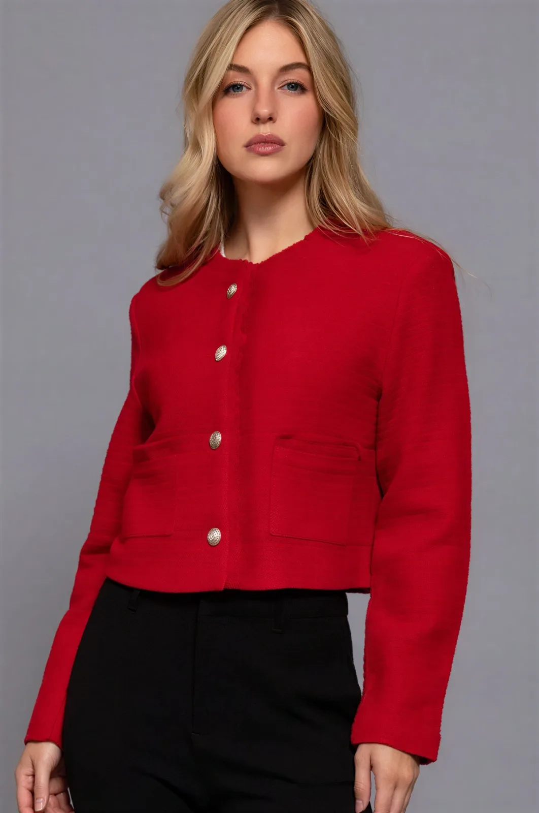 Chaqueta Corta De Tweed Color Rojo Casual Para Dama – Modelo J14810