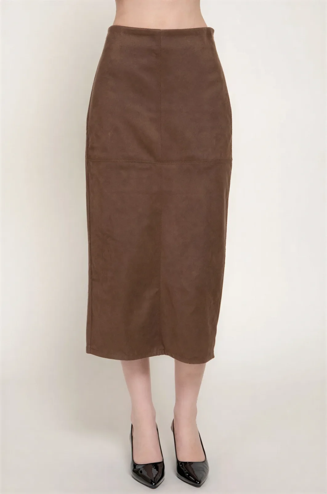 Falda Midi De Gamuza Marrón De Tiro Alto Para Dama – Modelo S15557