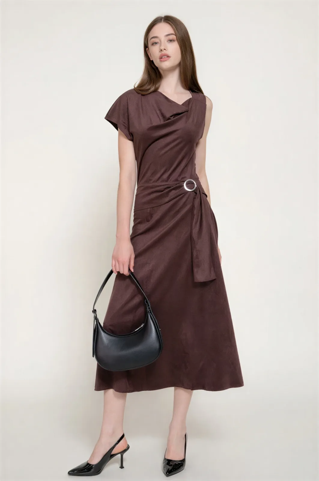 Vestido Midi Asimétrico Marrón Con Hebilla A La Cintura Para Mujer – Modelo D15421