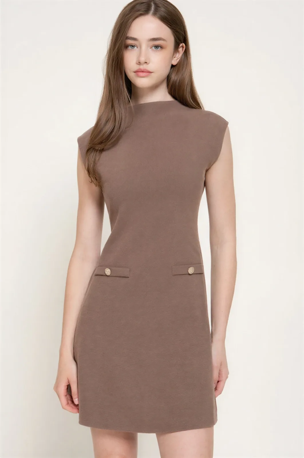 Minivestido Casual Sin Mangas De Cuello Alto Marrón – Modelo D15577