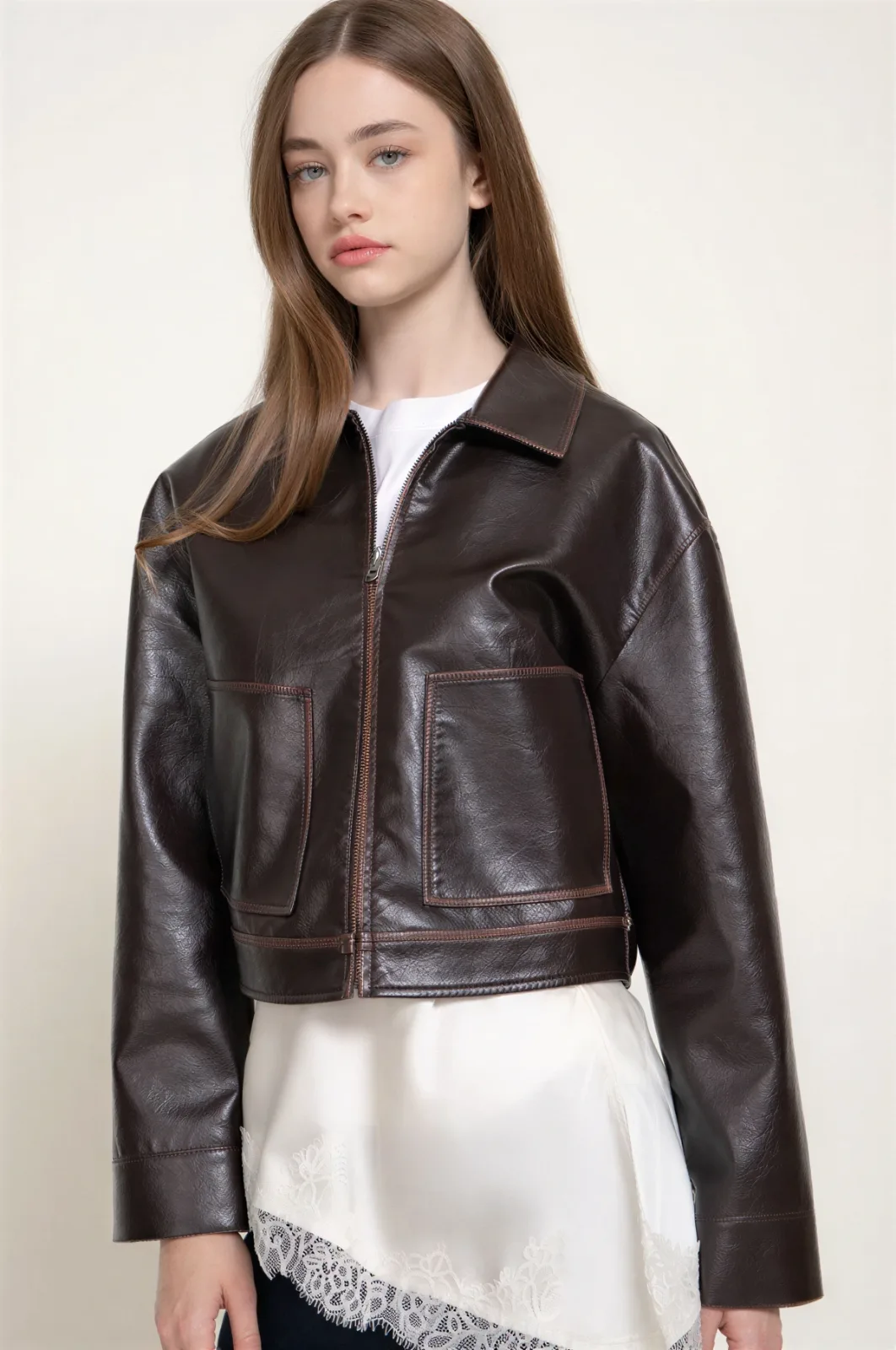 Cazadora Casual Marrón Efecto Cuero Desgastado Para Mujer – Modelo J15389