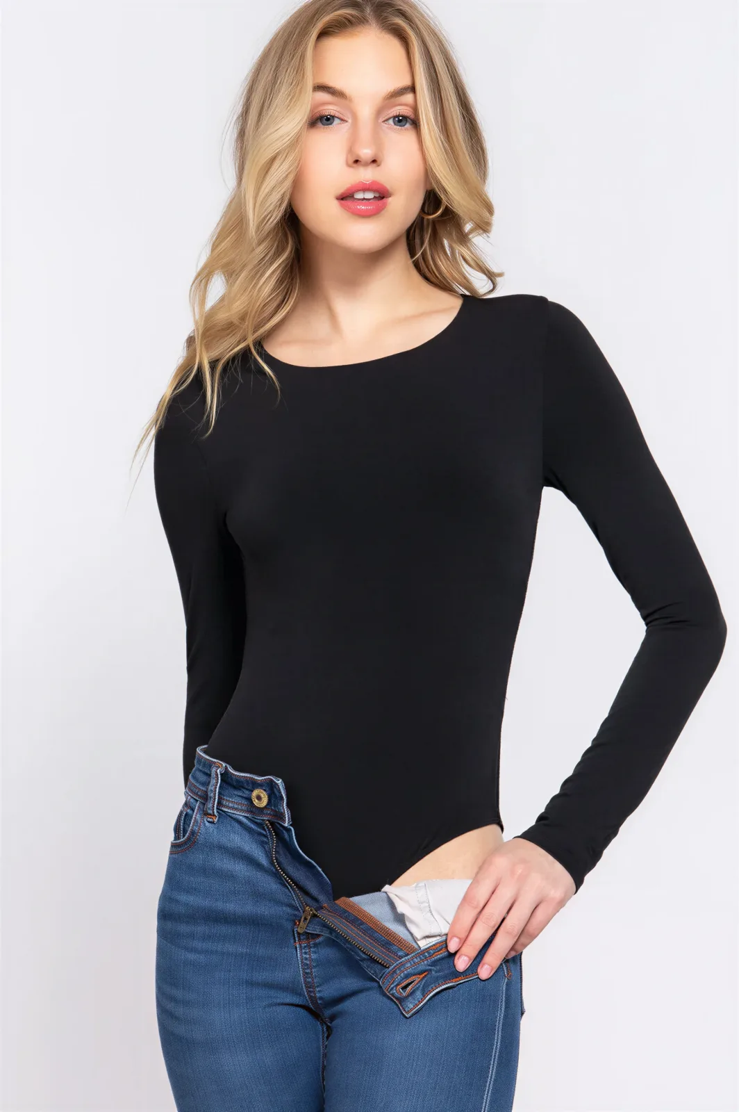Body Ajustado De Manga Larga Y Cuello Redondo Doble Capa Negro Para Dama – Modelo P13734