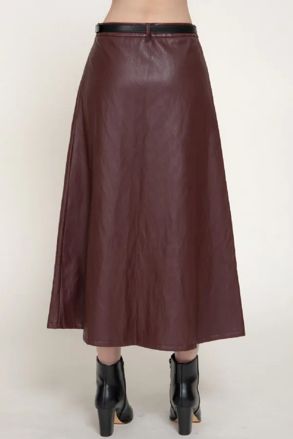 Falda Maxi De Efecto Piel Vino Tinto Con Cinturón Para Dama – Modelo S15407