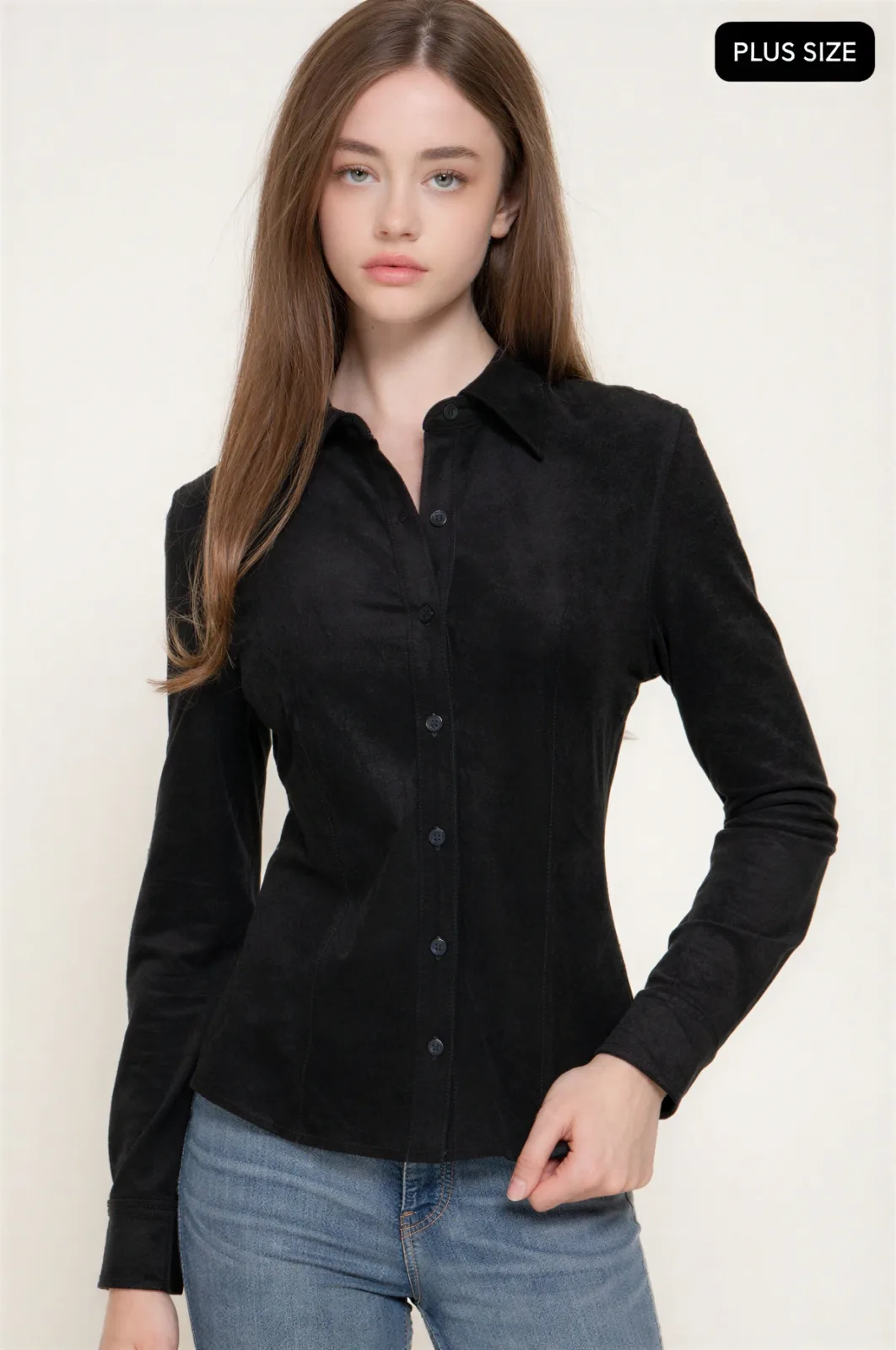 Camisa De Gamuza Sintética Manga Larga Para Dama Plus Size – Modelo T75423