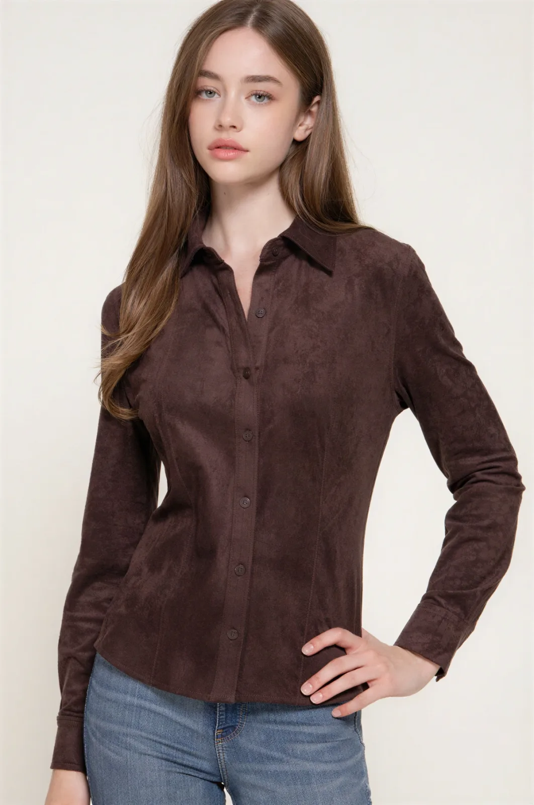 Camisa De Gamuza Sintética Manga Larga Para Dama – Modelo T15423