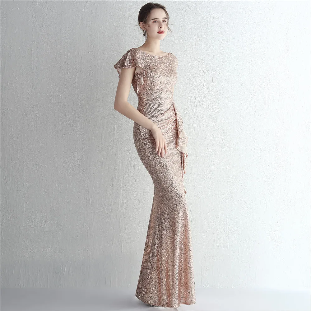 Vestido Largo De Gala De Lentejuelas Rose Gold Con Cascabel De Holanes Y Abertura - Modelo 616