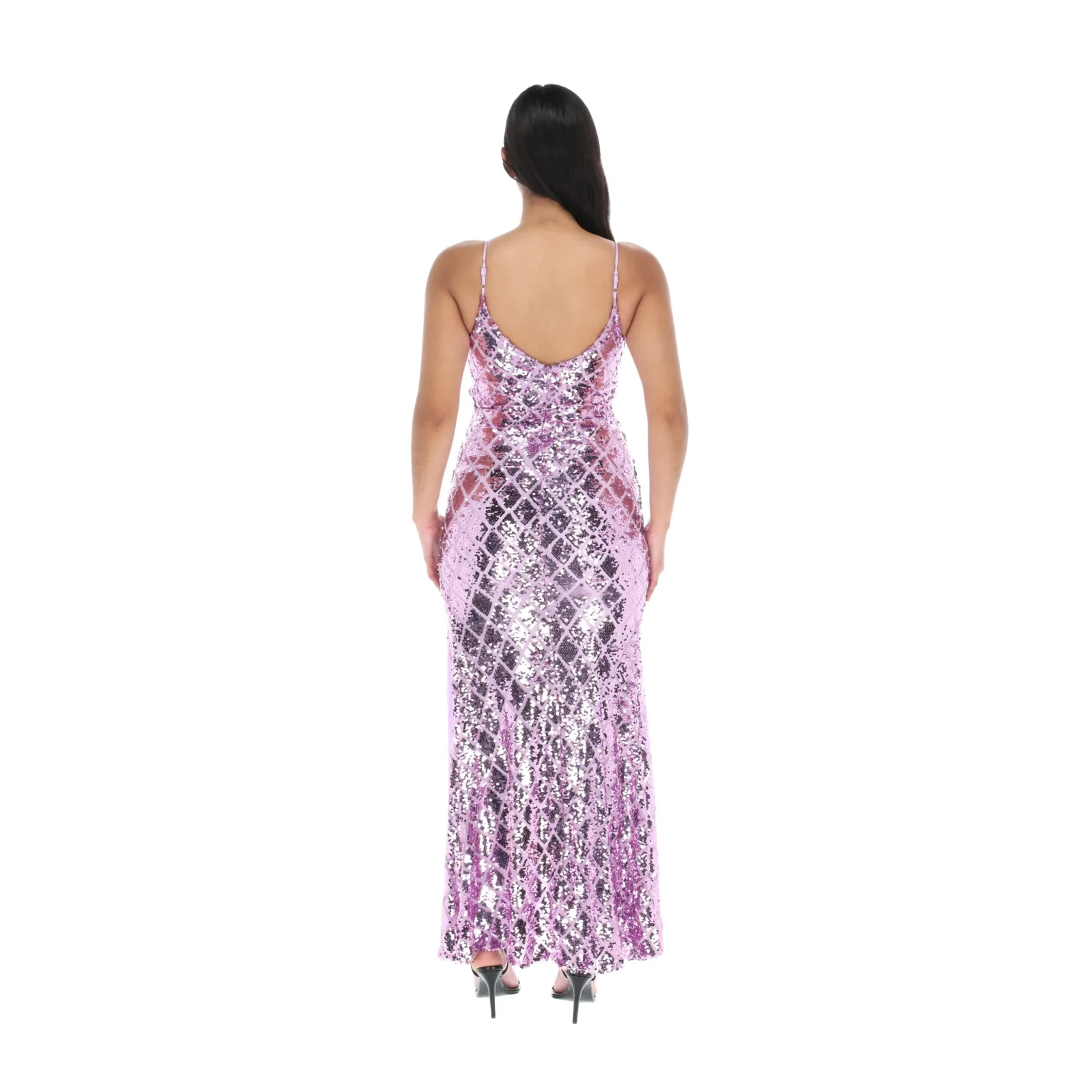 Vestido Largo De Noche De Lentejuelas Con Patrón Romboide, Tirantes Delgado Y Abertura En Pierna - Modelo EV602 — vista 8