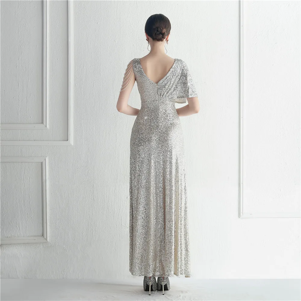 Vestido Largo De Gala Con Lentejuelas, Manga Mariposa Asimétrica Y Cascadas De Cuentas - Modelo EV609 — vista 2
