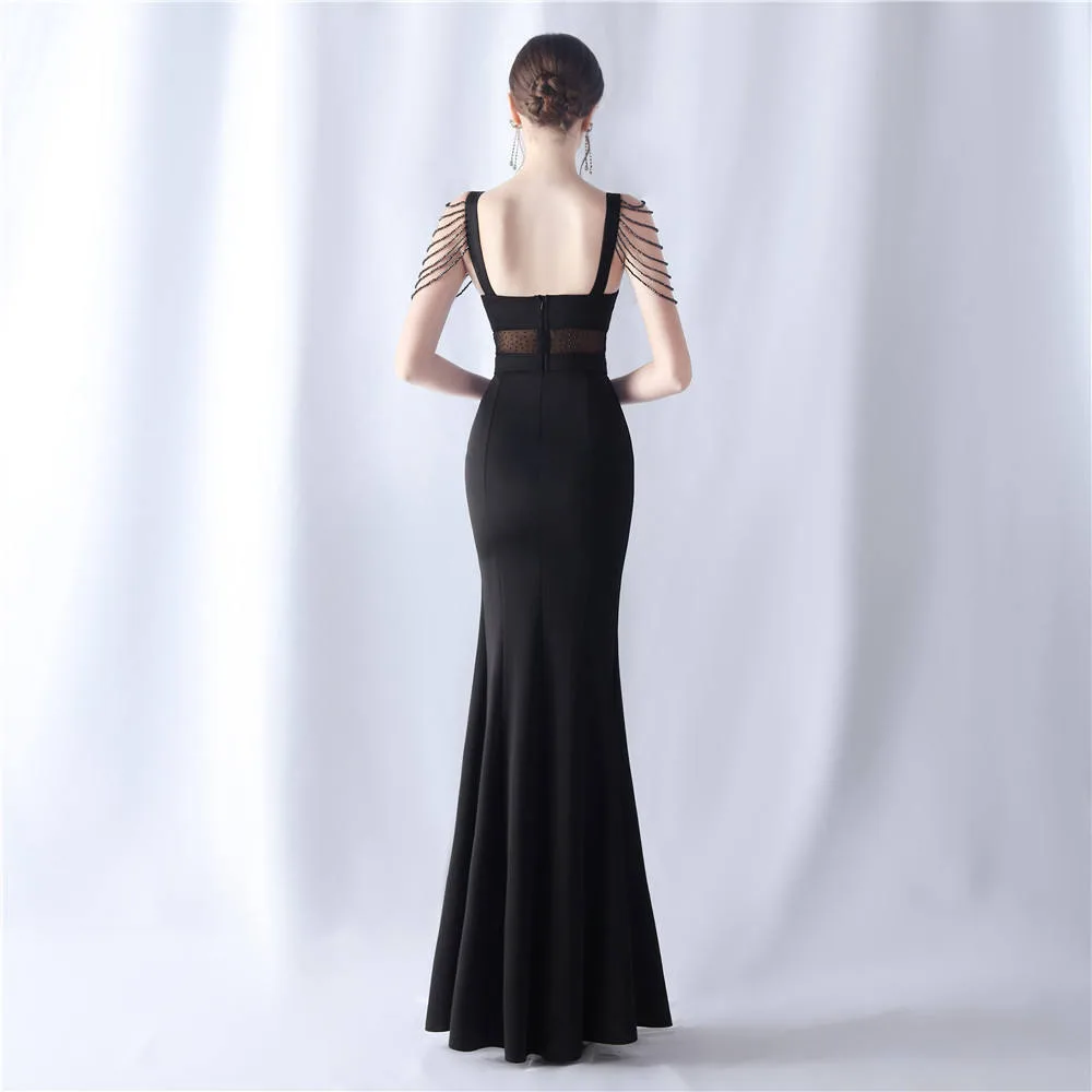Vestido Largo De Noche Con Flecos De Cuentas En Hombros, Encaje En Talle Y Abertura En Pierna - Modelo EV709 — vista 2