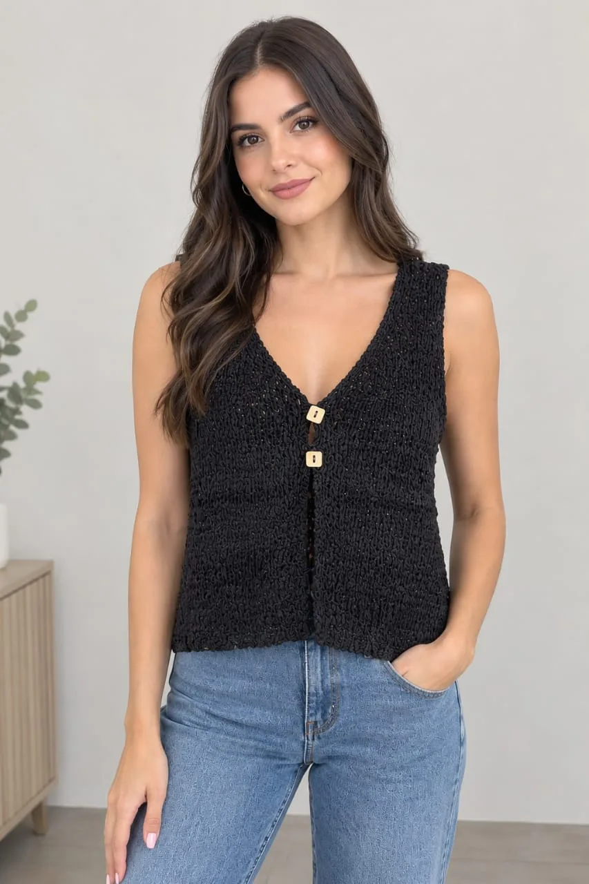 Chaleco Tejido Casual Para Mujer Con Escote V Y Botones De Madera – Modelo B5st1030