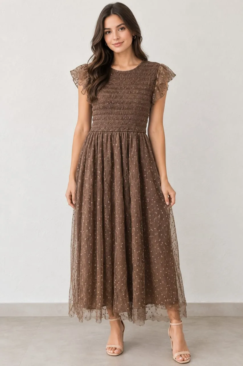 Vestido Midi Dama Casual Con Tul Punteado Y Escote Redondo – Modelo Cr2740 — vista 1