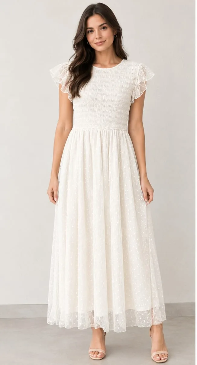Vestido Midi Dama Casual Con Tul Punteado Y Escote Redondo – Modelo Cr2740 — vista 2