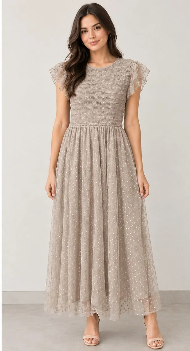 Vestido Midi Dama Casual Con Tul Punteado Y Escote Redondo – Modelo Cr2740 — vista 3