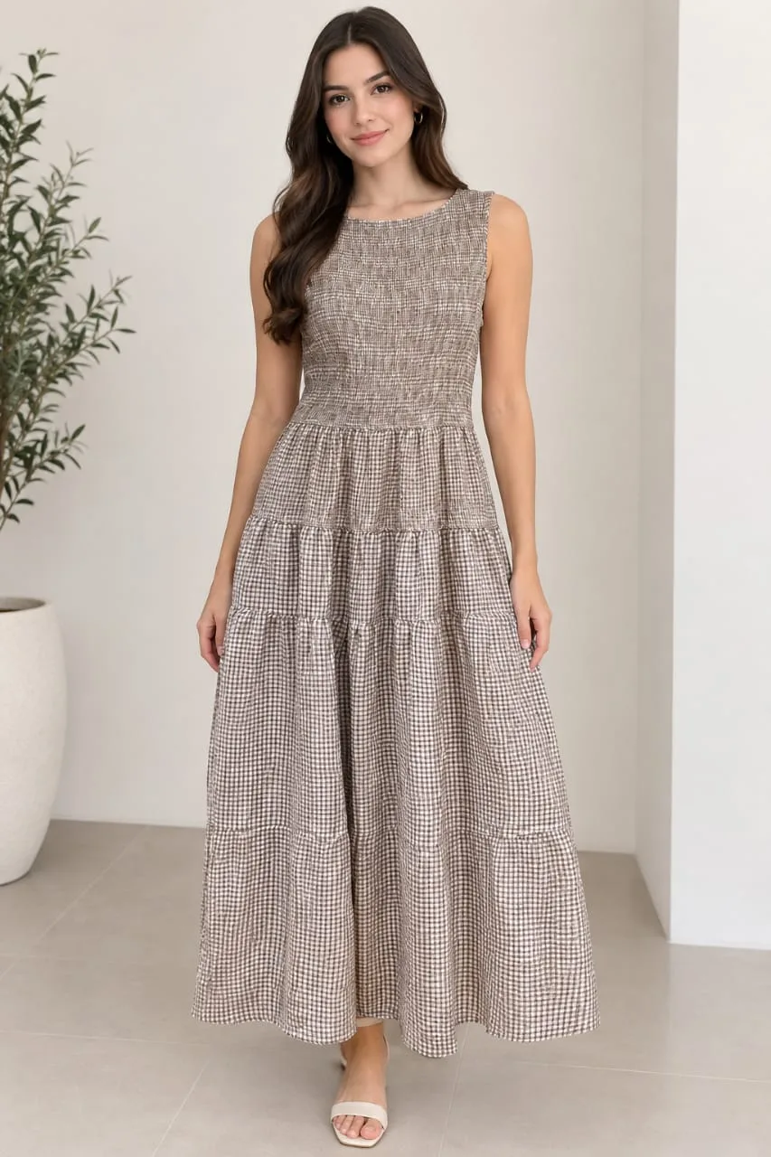 Vestido Maxi Casual De Cuadros Vichy Con Pechera Resortada Para Dama - Modelo Cr3087