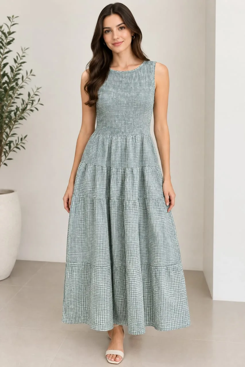 Vestido Maxi Casual De Cuadros Vichy Con Pechera Resortada Para Dama - Modelo Cr3087 — vista 2