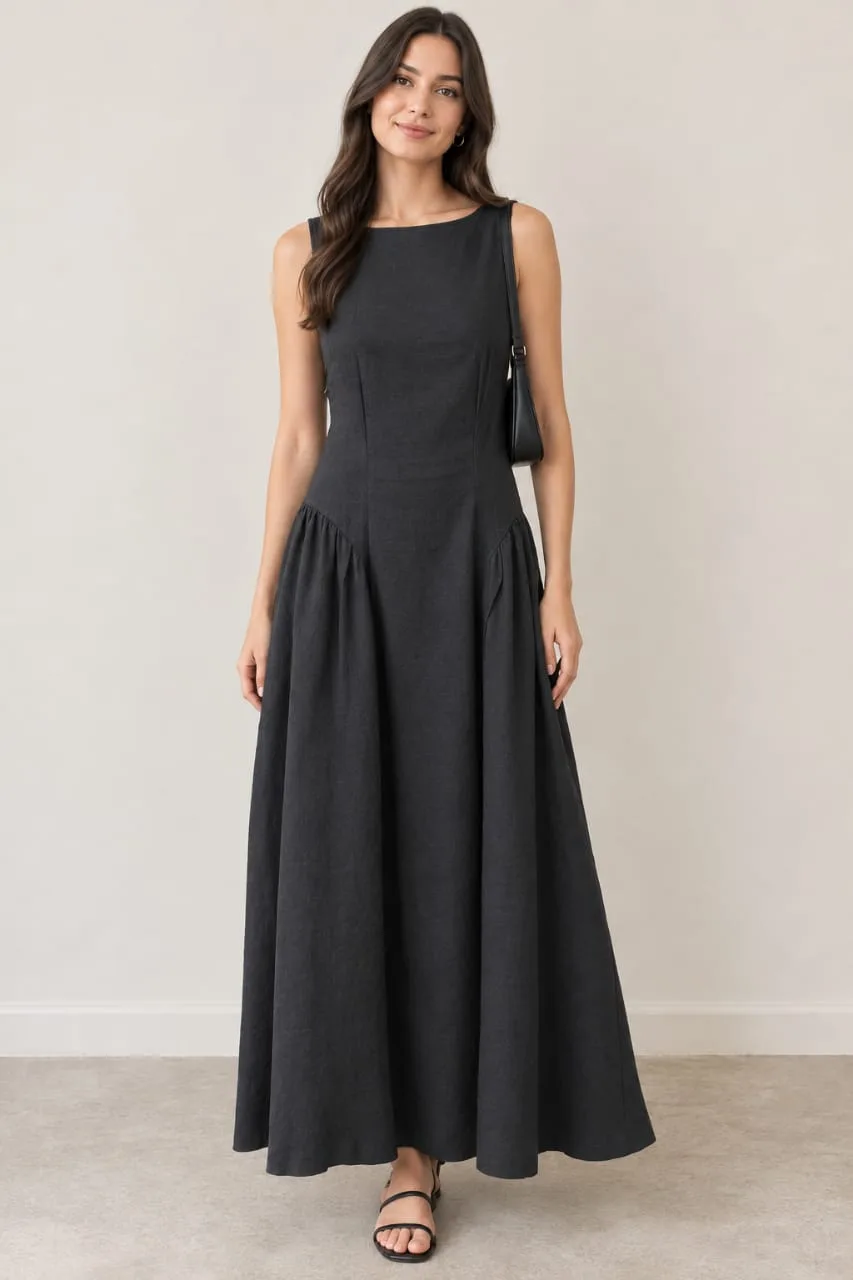 Vestido Maxidress Casual Sin Mangas Con Corte A La Cintura - Tw2222
