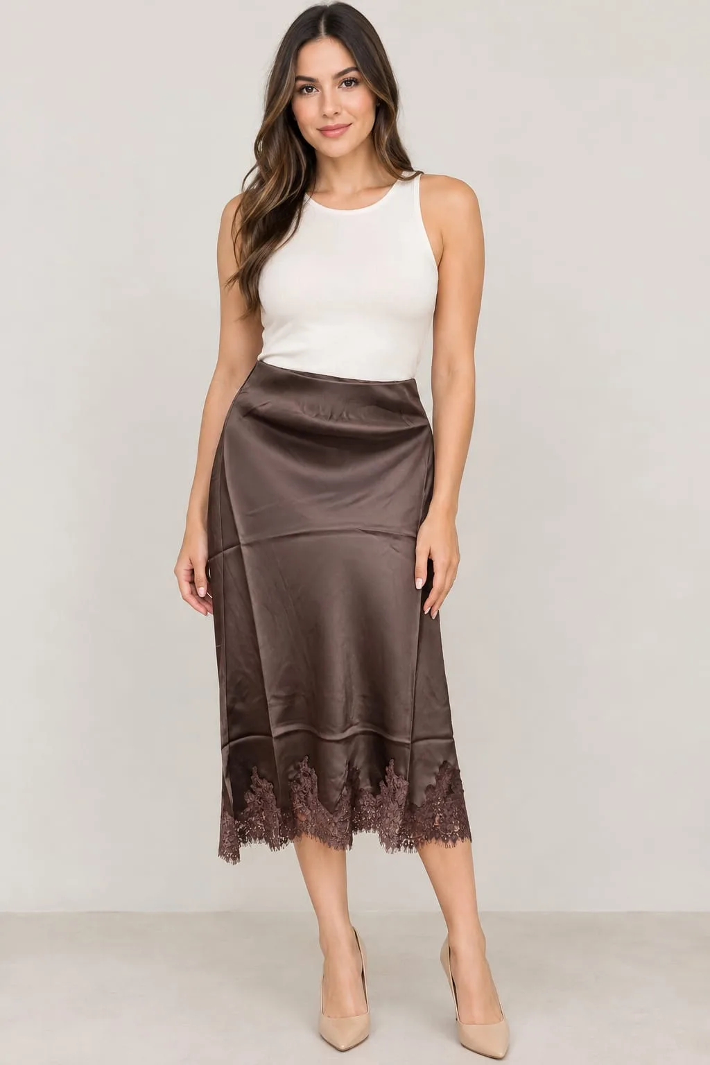 Falda Casual Satinada Con Detalle De Encaje – Mod. Tw2418 — vista 1
